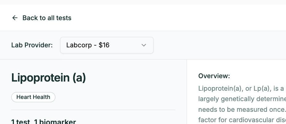 Screenshot captured August 21, 2026: Goodlabs' Lp(a) test page defaulting to “Labcorp - $16” in its lab-provider selector.