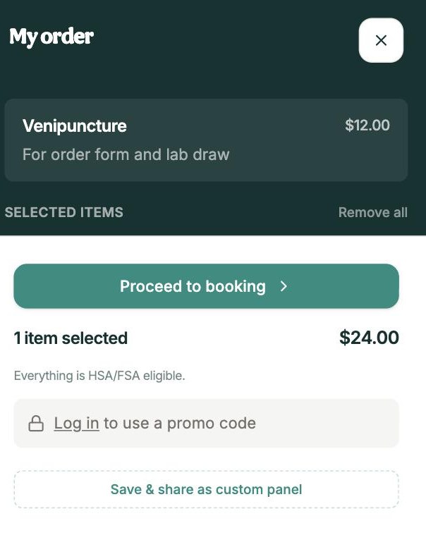 Screenshot captured August 21, 2026: Goodlabs order screen with the $12 ApoB in the cart: a $12 venipuncture line “for order form and lab draw” brings the total to $24. The $12 test price is its Quest rate; a Labcorp draw prices at $24 before the fee.