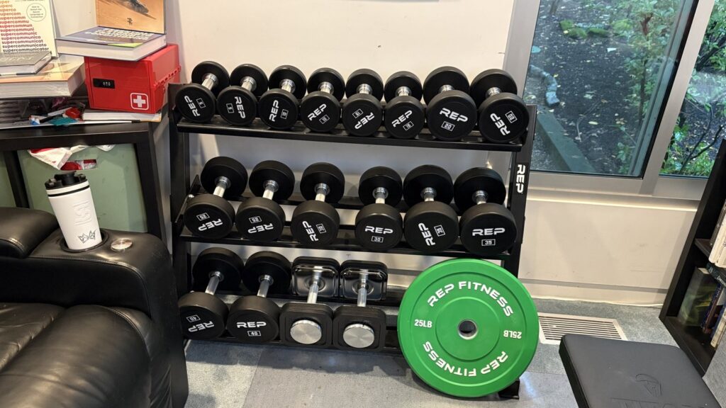 A rack of individual fixed dumbbells in my home gym