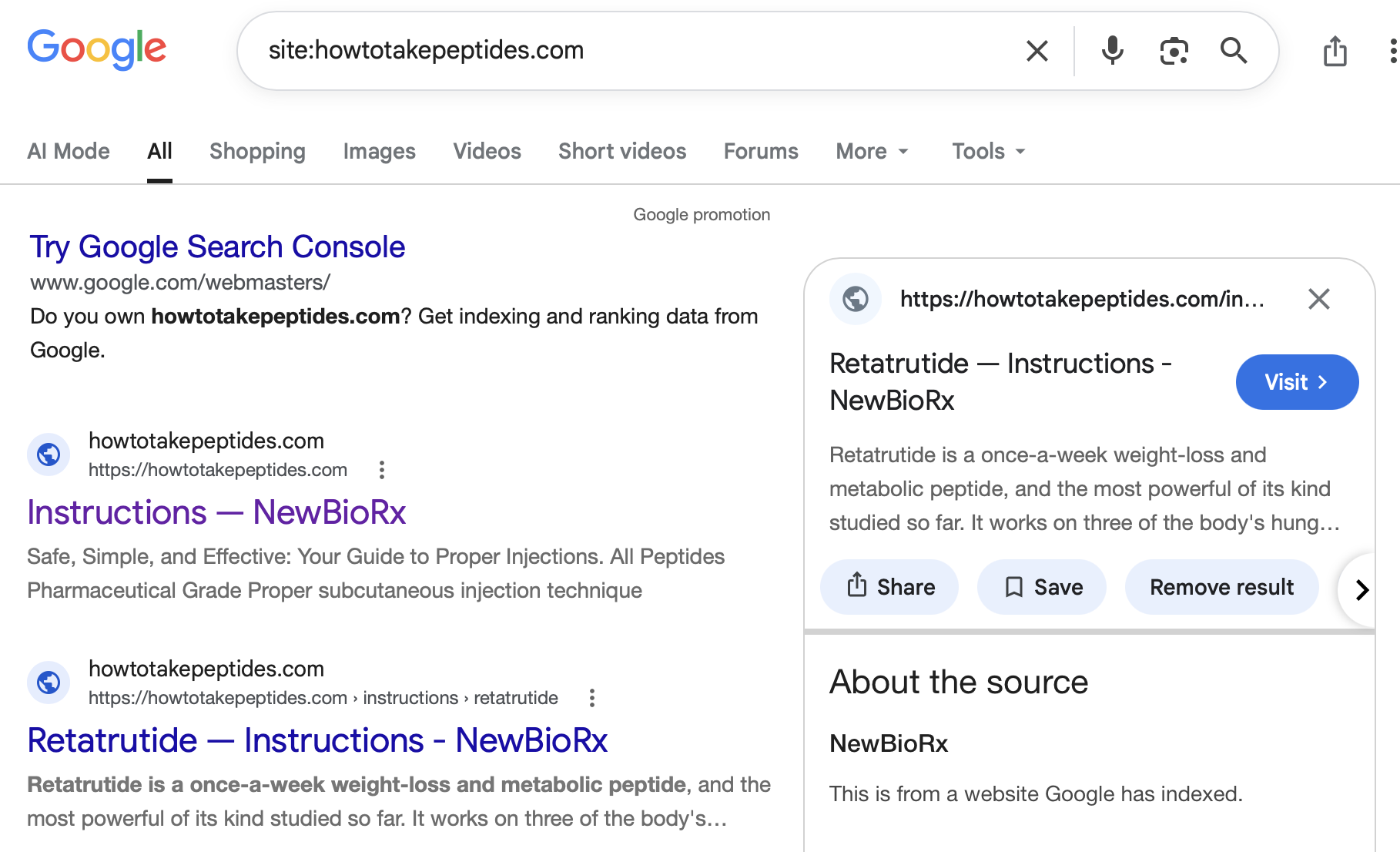Google search results for site:howtotakepeptides.com on Sunday afternoon, August 16: every result titled Instructions NewBioRx, and Google's About the source panel identifying the site as NewBioRx