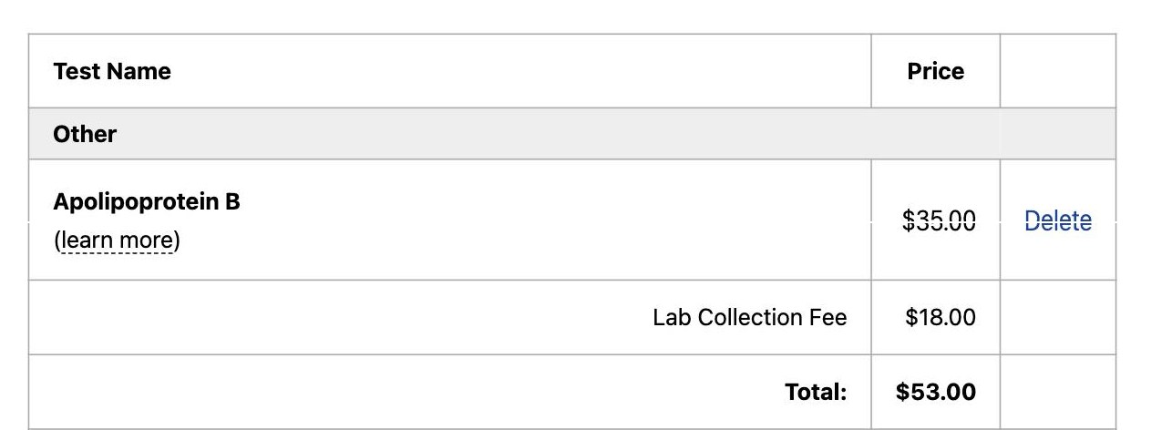 Screenshot captured August 21, 2026: Jason Health's own cart, item rows and totals stacked: ApoB $35.00 plus an $18.00 lab collection fee, total $53.00.