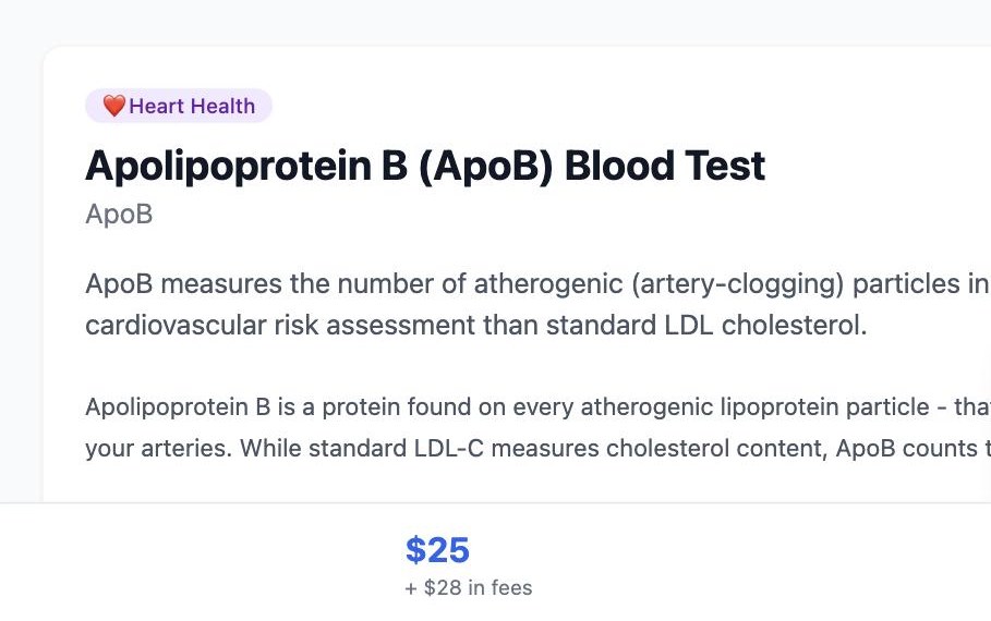 Screenshot captured August 21, 2026: JustLabs product page: $25 with “+ $28 in fees” disclosed at the checkout bar ($18 lab collection plus $10 physician order).