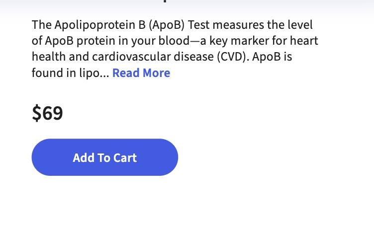 Screenshot captured August 21, 2026: Labcorp OnDemand, Labcorp's own consumer store: $69 flat at the Add To Cart button.