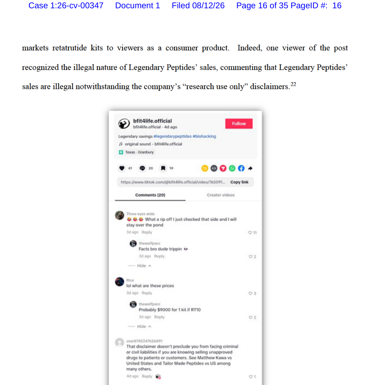 Page 16 of Eli Lilly's complaint against Legendary Peptides showing a TikTok thread quoting a $9000 kit price (Case 1:26-cv-00347)