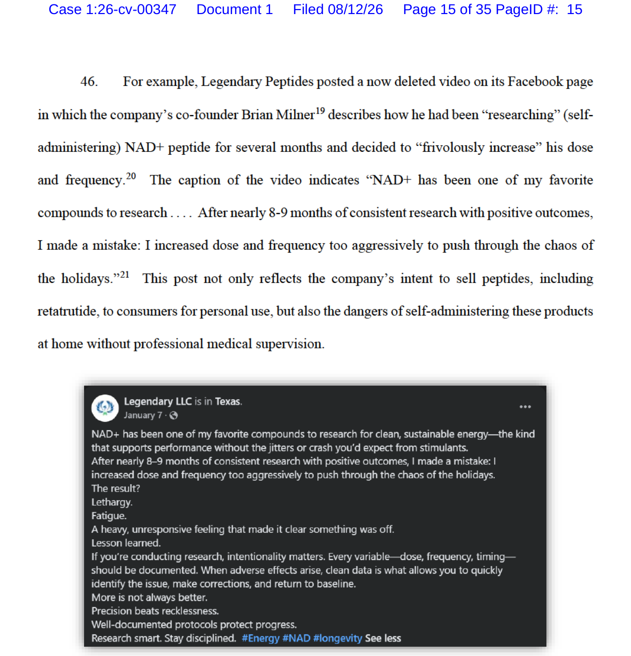 Facebook post by Legendary Peptides' co-founder describing self-dosing NAD+ peptide, reproduced in Eli Lilly's complaint (Case 1:26-cv-00347)