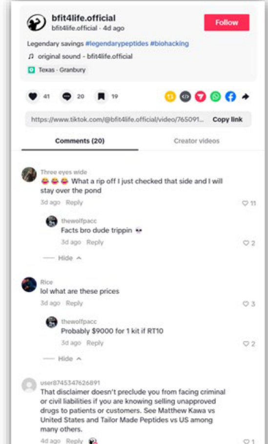 TikTok comments quoting a $9000 retatrutide kit price in Lilly's complaint against Legendary Peptides