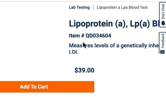 Screenshot captured August 29, 2026: Life Extension's own Lp(a) product page, item # QD034604: $39.00, no separate draw fee. I had been taking this price off the related-tests box on their ApoB page. This time I checked the Lp(a) page itself. (Captured August 29, 2026.)