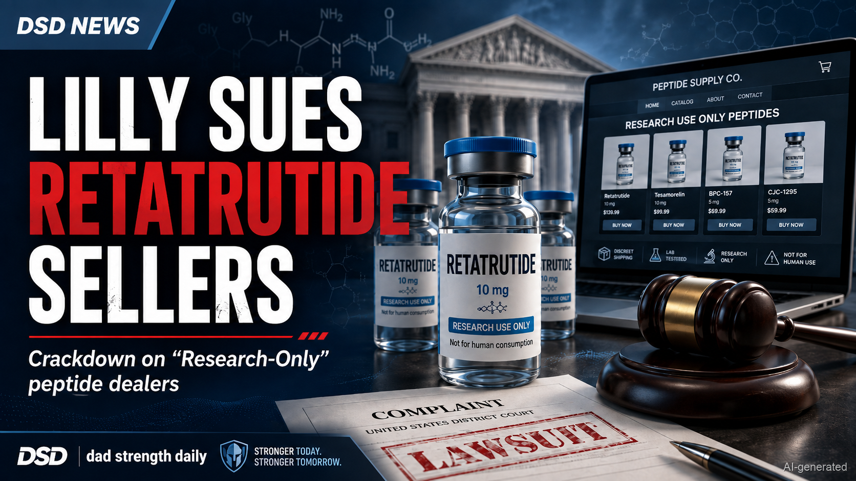 Eli Lilly lawsuit over research-use-only retatrutide vials sold by peptide websites