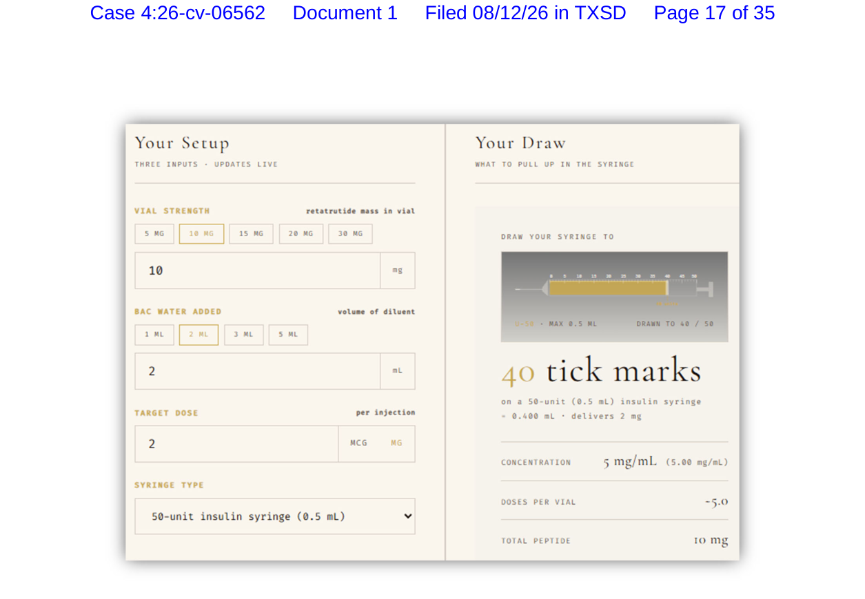Page 17 of Eli Lilly's complaint against Lone Star Peptide showing the seller's retatrutide dosage calculator (Case 4:26-cv-06562)