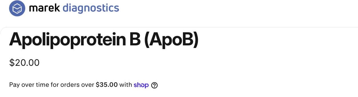 Screenshot captured August 21, 2026: Marek Diagnostics product page: $20.00. Its FAQ adds a $10 venipuncture fee automatically at checkout for individual biomarkers, waived over $199.