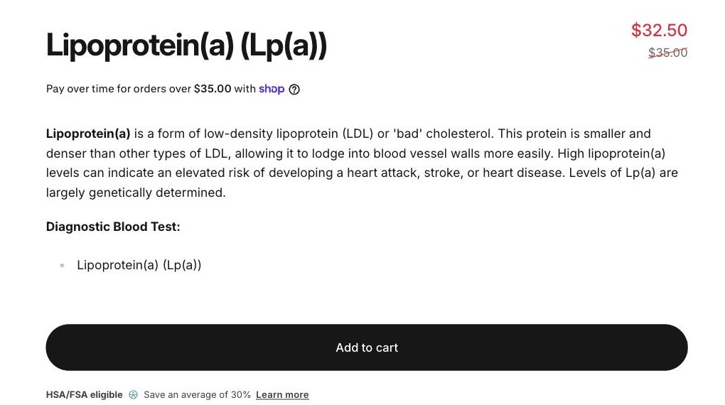 Screenshot captured August 21, 2026: Marek Diagnostics Lp(a): $32.50 on sale from $35.00, plus the $10 individual-biomarker venipuncture fee.