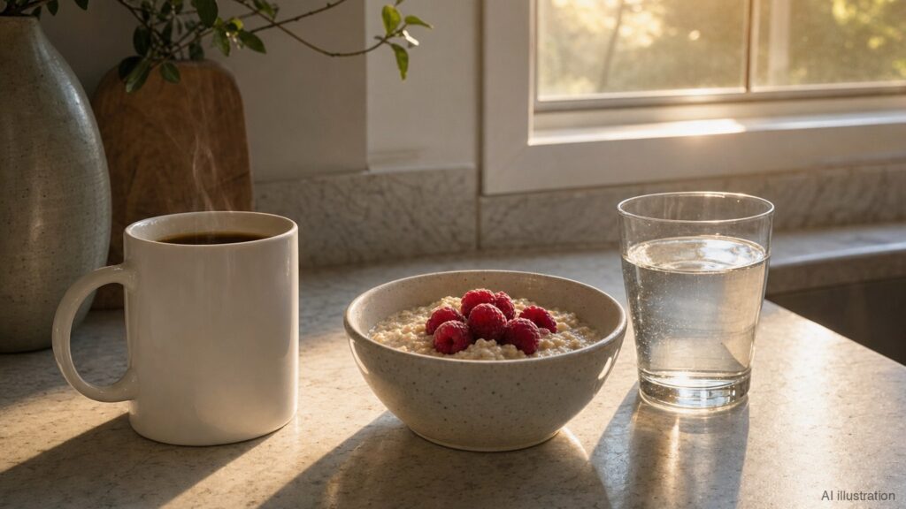Kitchen counter at dawn with black coffee, oatmeal with raspberries, and a glass of water