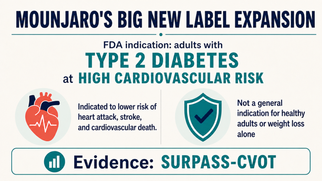 Mounjaro cardiovascular indication summarized: the FDA indication covers adults with type 2 diabetes at high cardiovascular risk, indicated to lower risk of heart attack, stroke and cardiovascular death. It is not a general indication for healthy adults or weight loss alone. Evidence: SURPASS-CVOT.
