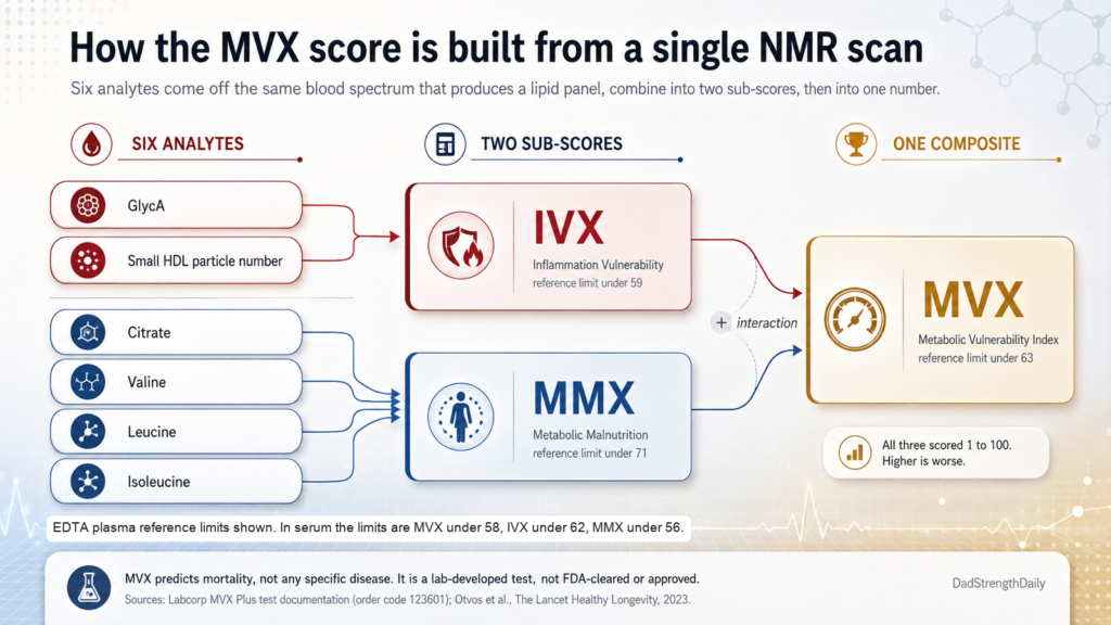 Flow diagram: six analytes from one NMR scan (GlycA and small HDL particle number; citrate, valine, leucine and isoleucine) combine into the IVX and MMX sub-scores, which combine with an interaction term into the MVX Metabolic Vulnerability Index.