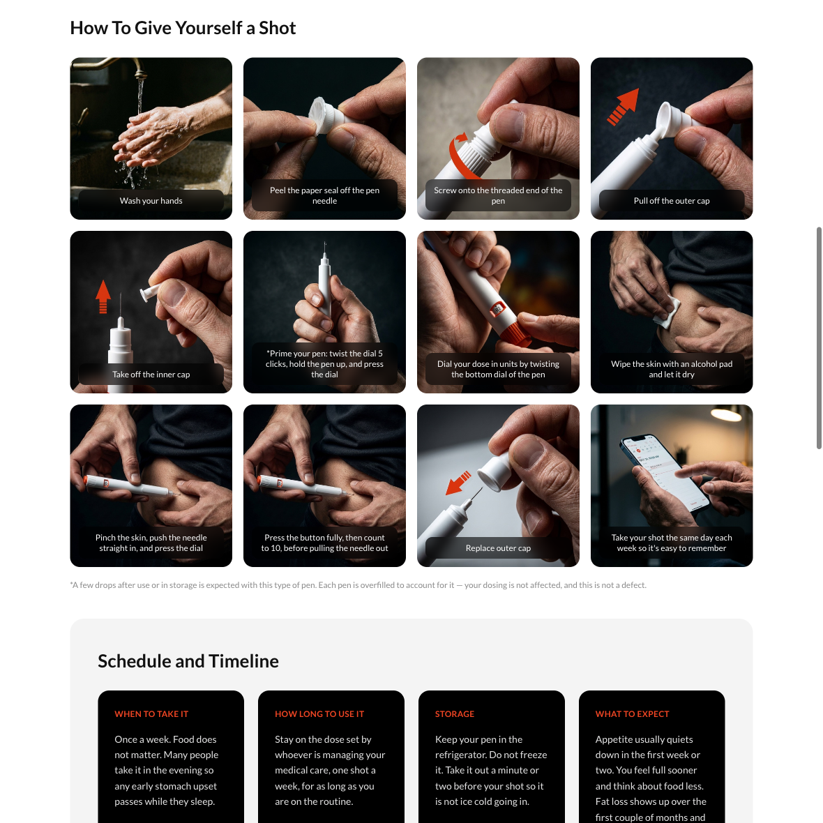 The How To Give Yourself a Shot section on howtotakepeptides.com, twelve photos of injecting a retatrutide pen