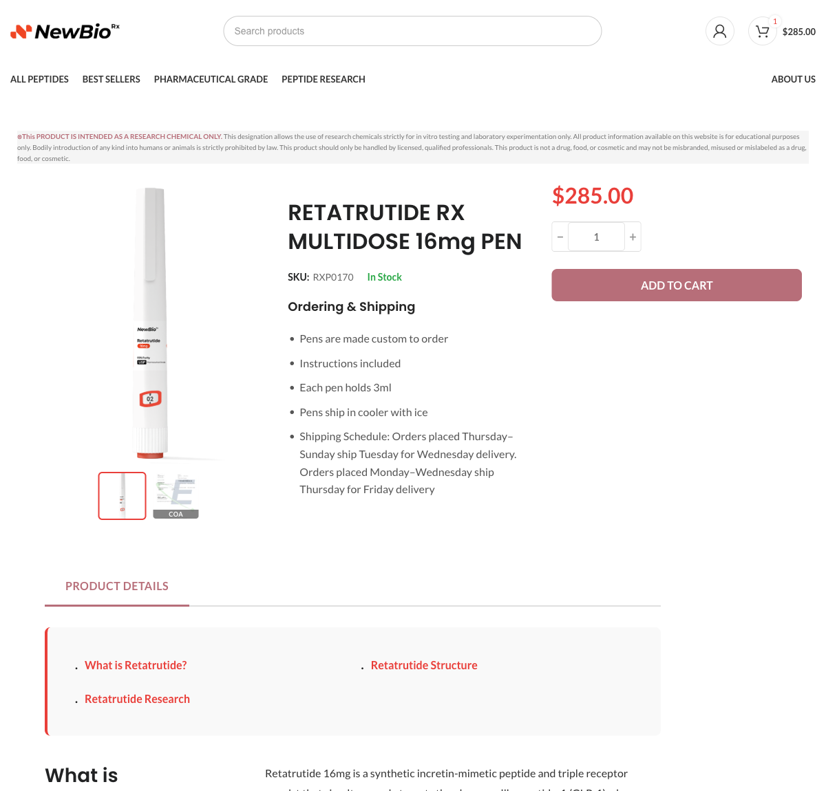 NewBioRx product page: a $285 retatrutide multidose pen labeled research use only, prohibited in humans