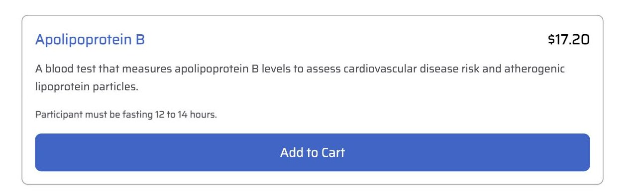 Screenshot captured August 21, 2026: Own Your Labs shop listing: ApoB $17.20. Its FAQ says the blood draw fee is included at checkout. Walk-in draws are not available in MA, MD, NJ or RI, and it cannot serve New York.
