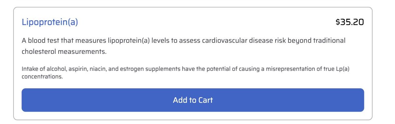 Screenshot captured August 21, 2026: Own Your Labs Lp(a): $35.20 with the draw included, same state limits as its ApoB.