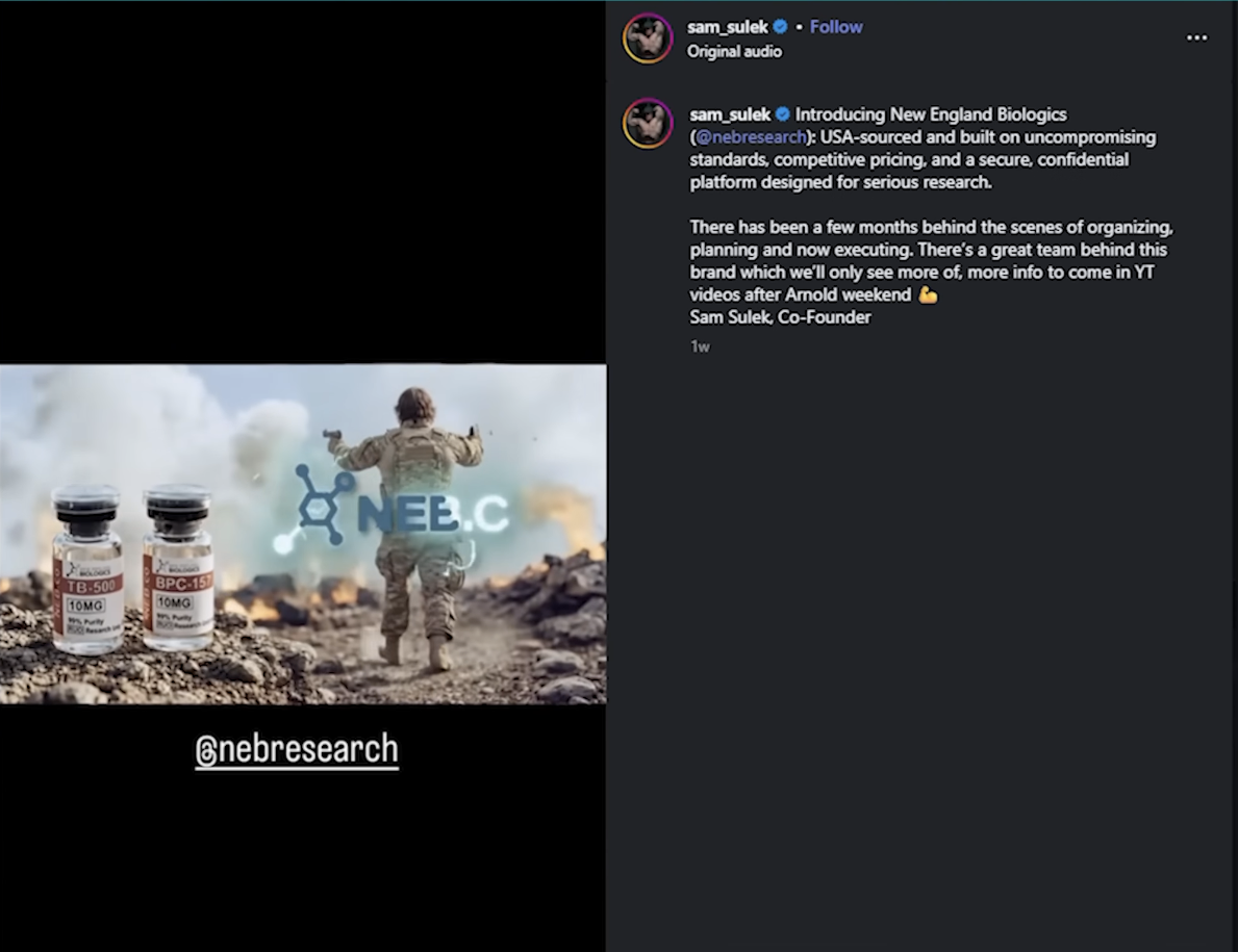 Sam Sulek's Instagram ad for New England Biologics: an AI soldier on a battlefield selling research-use-only peptide vials