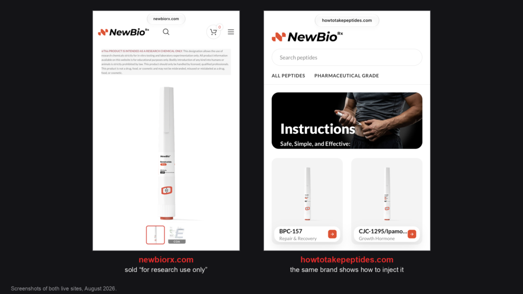 Two mobile screenshots: newbiorx.com sells a retatrutide research-use-only pen; howtotakepeptides.com, the same brand, shows how to inject it