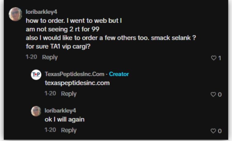 TikTok comment cross-ordering Selank, TA-1 and VIP with retatrutide, from Lilly's Texas Peptides complaint