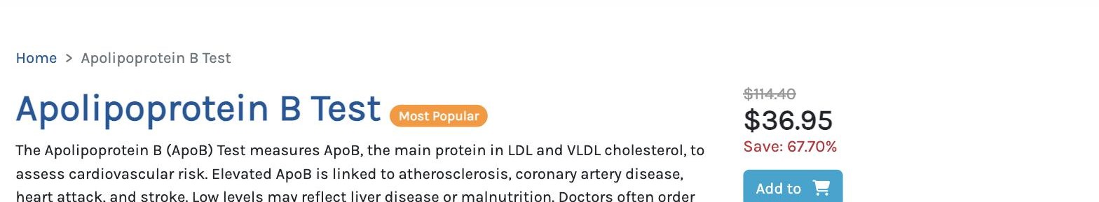 Screenshot captured August 21, 2026: Ulta Lab Tests product page: $36.95 against a $114.40 list price. No separate fee; the requisition prints after checkout for a Quest patient service center.