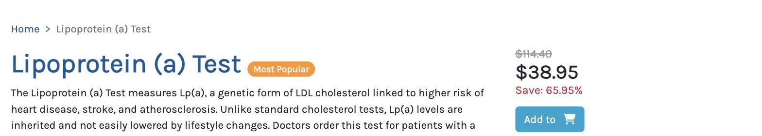 Screenshot captured August 21, 2026: Ulta Lab Tests Lp(a): $38.95 against the same $114.40 list price.