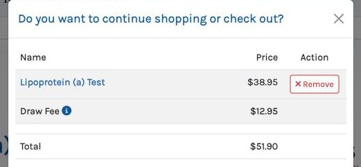 Screenshot captured August 26, 2026: Ulta Lab Tests' cart for Lp(a): $38.95 plus the same cart-only $12.95 draw fee, total $51.90. (Captured August 26, 2026.)