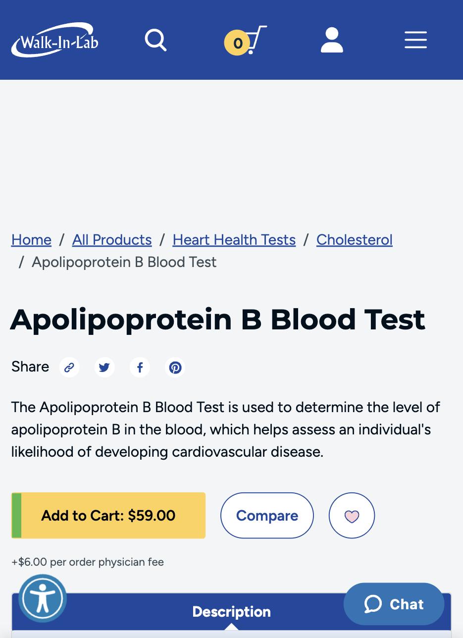 Screenshot captured August 21, 2026: Walk-In Lab product page: Add to Cart $59.00, plus $6.00 per order physician fee printed directly beneath the button.