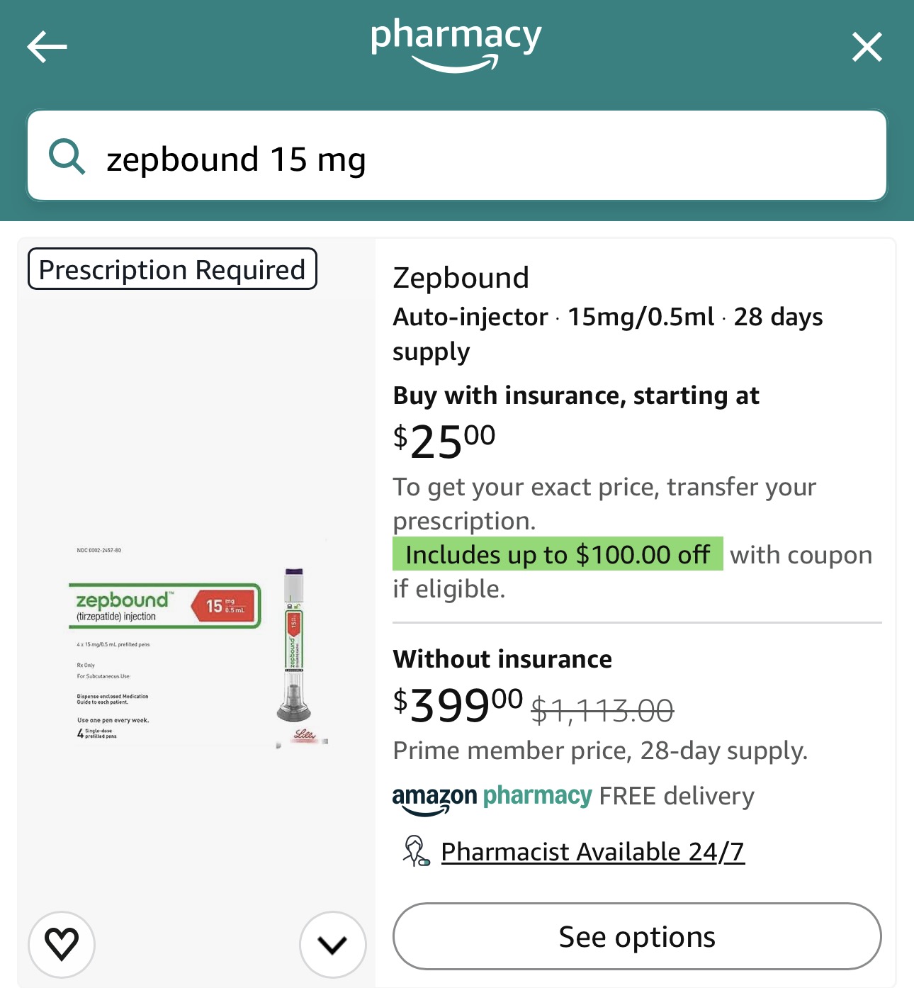 Screenshot of Amazon Pharmacy's Zepbound 15 mg auto-injector listing showing $399 without insurance as a Prime member price for a 28-day supply, with the $1,113 retail price crossed out, and a with-insurance price starting at $25.