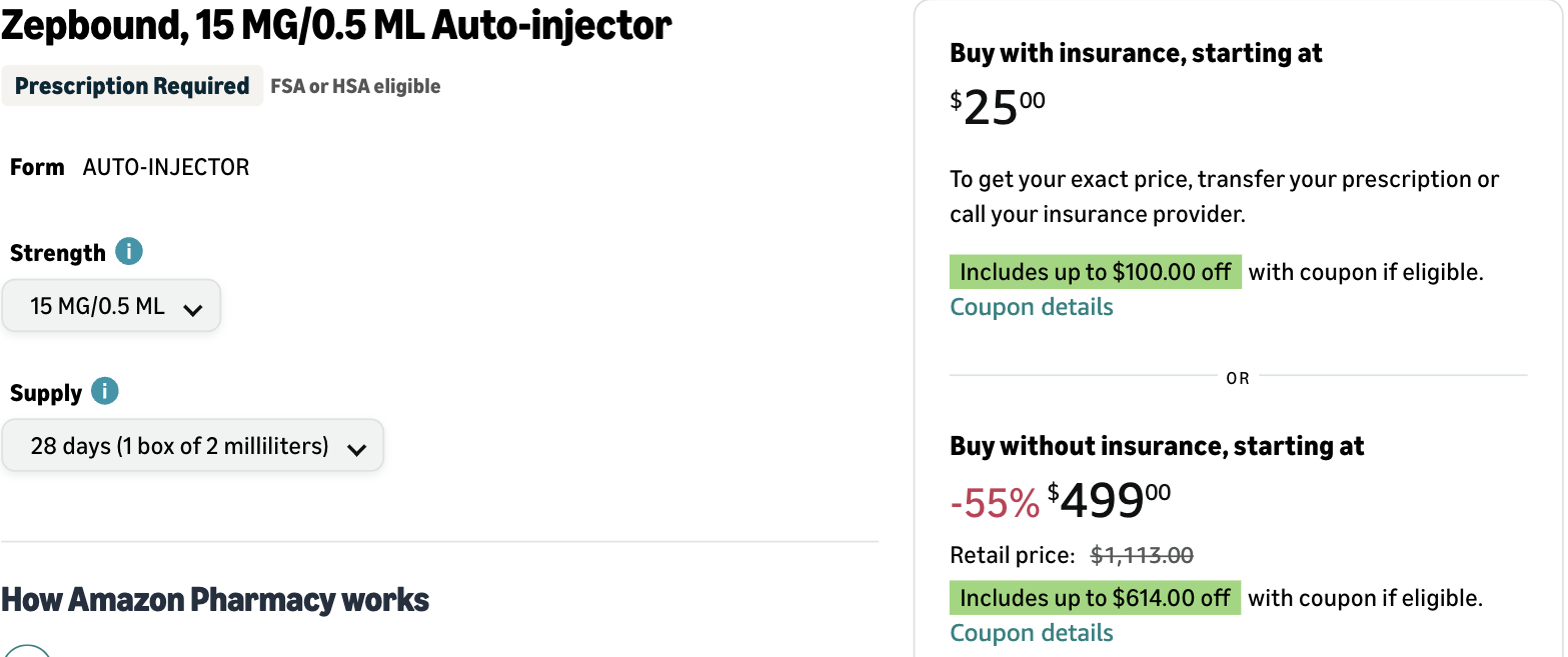 Screenshot of Amazon Pharmacy's Zepbound 15 mg auto-injector listing on September 4, 2026, showing $499 without insurance for a 28-day supply, with the $1,113 retail price crossed out and no Prime-member language, next to a with-insurance price starting at $25.