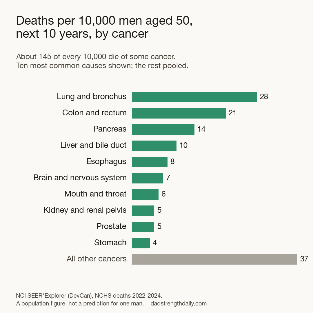 Bar chart of deaths per 10,000 U.S. men aged 50 over the next 10 years for the ten most common cancer causes of death, lung first at 28, with the rest pooled.