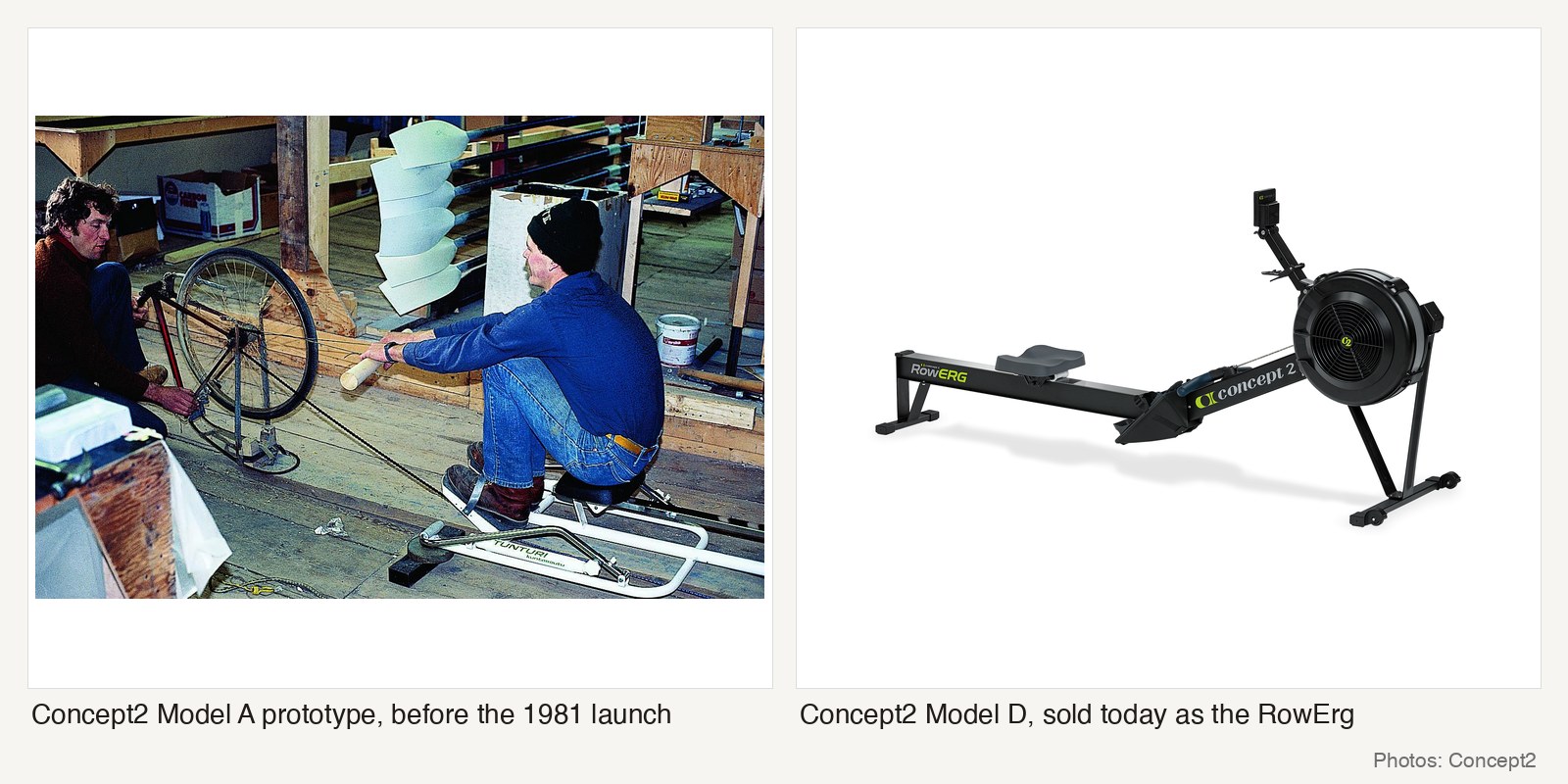 Left: the Concept2 Model A prototype in a workshop, a bicycle wheel serving as the flywheel. Right: the Concept2 Model D, sold today as the RowErg. Photos: Concept2.