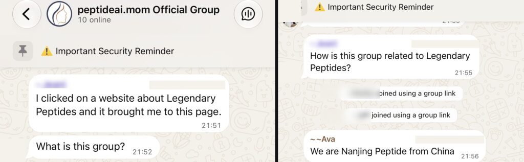 WhatsApp exchange: a member asks how the group relates to Legendary Peptides, and an admin replies We are Nanjing Peptide from China
