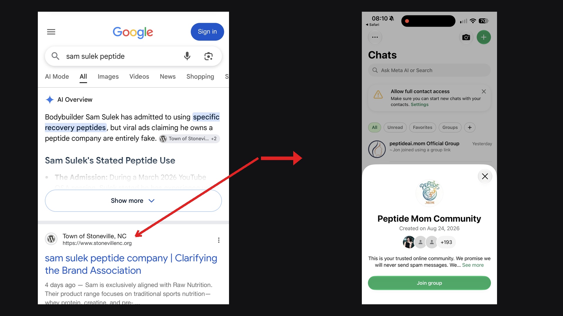 Google AI Overview and number-one search result both citing the Town of Stoneville, NC, beside a WhatsApp group invite for Peptide Mom Community