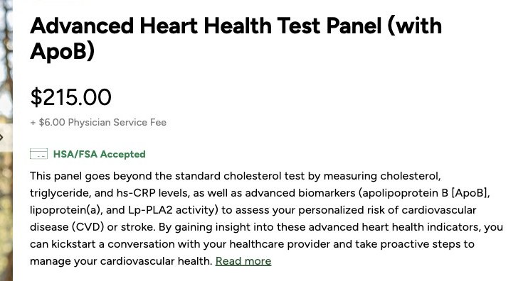 Screenshot captured October 5, 2026: questhealth.com sells no standalone ApoB. The only way to buy the marker there is the Advanced Heart Health panel: $215.00 plus a $6.00 physician service fee, $221 all in. A 20%-off promotion that priced it at $172 on September 21 had ended by this capture. (Captured October 5, 2026.)