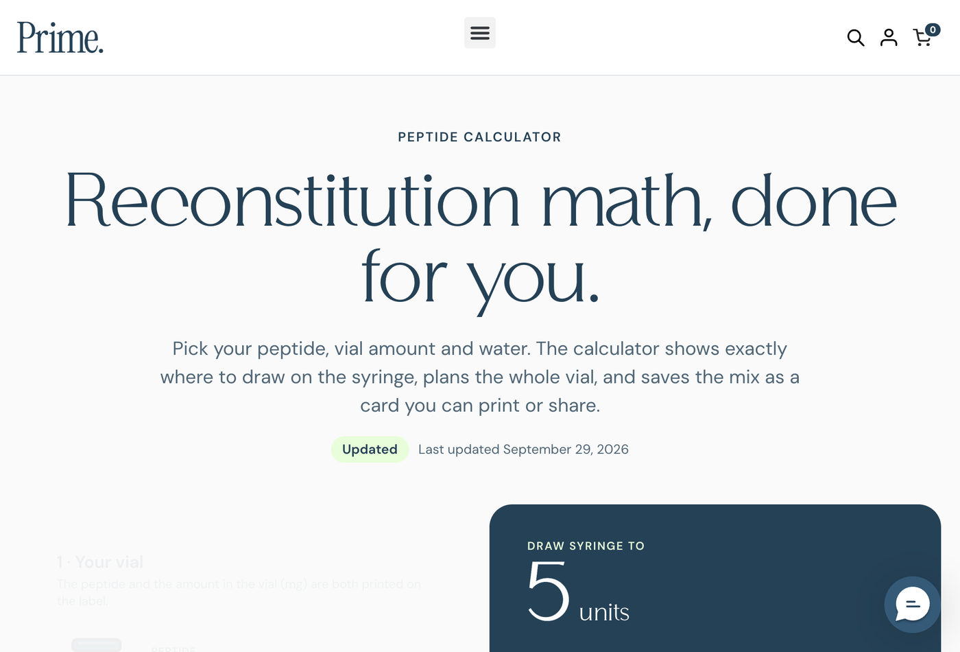 Prime Peptides' peptide calculator page, headed 'Reconstitution math, done for you', with a result panel reading 'Draw syringe to 5 units'