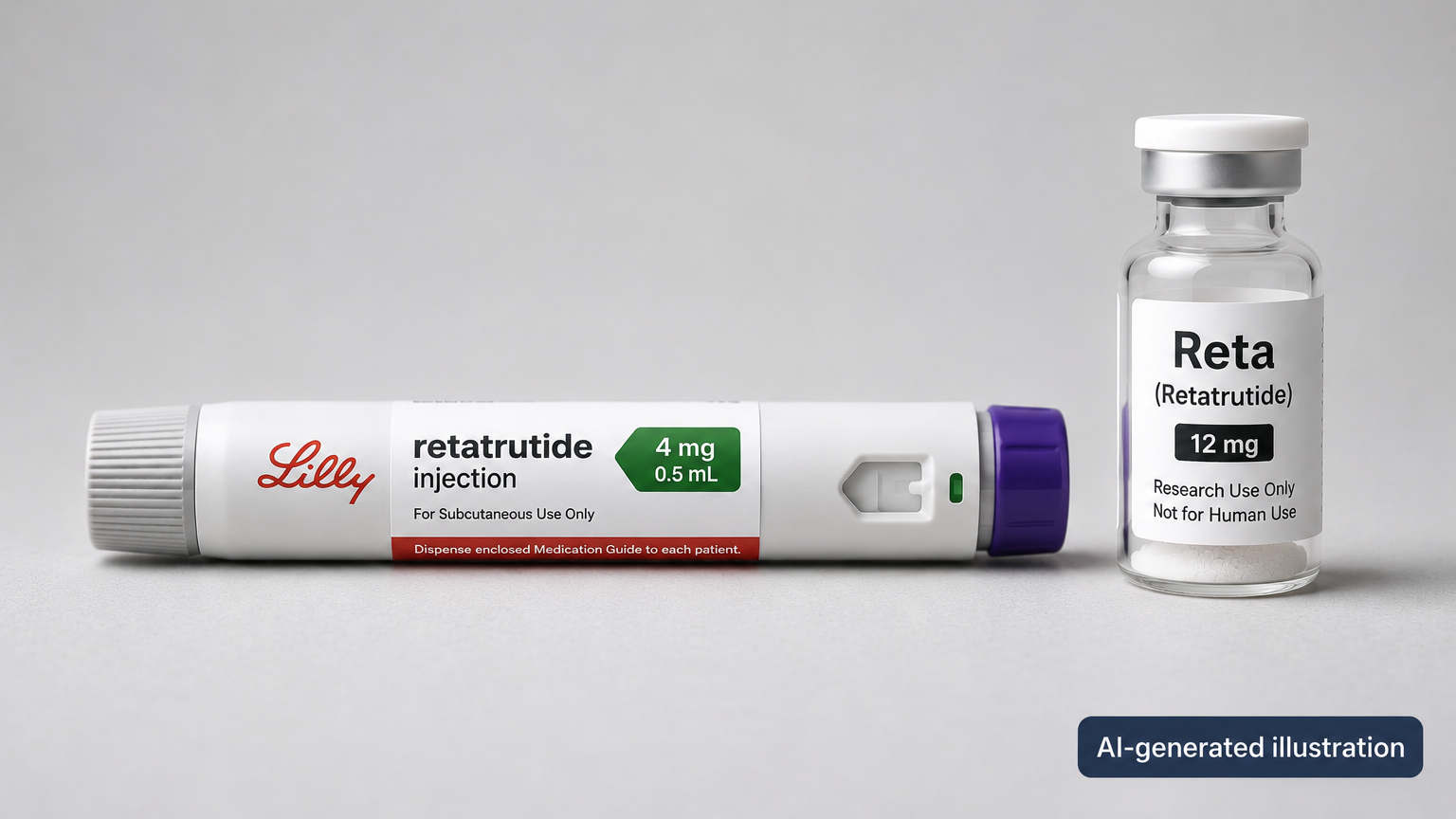 Side-by-side illustration of two retatrutide products. On the left, a hypothetical Lilly-branded retatrutide injection pen at 4 mg/0.5 mL, representing the FDA-approved future product Lilly has not yet brought to market. On the right, a gray-market vial labeled 'Reta (Retatrutide) 12 mg, Research Use Only, Not For Human Use,' representing the kind of unregulated peptide product that has been sold online since 2024. The image is marked 'AI-generated illustration' in the bottom right.